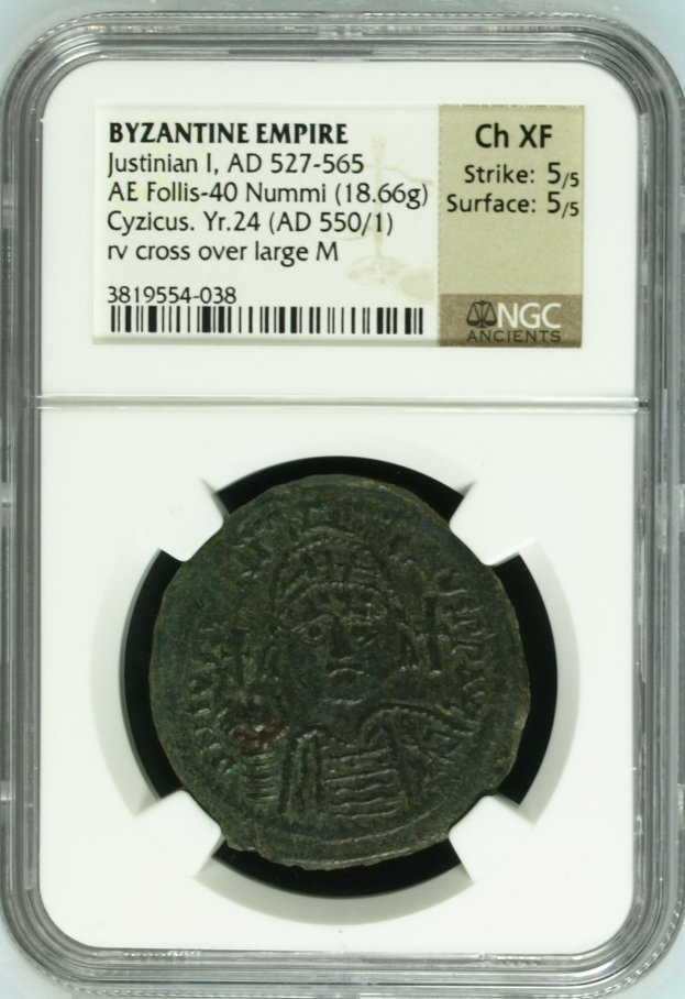 NGC Ch XF 5/5 5/5 古代ビザンツ帝国 ユスティニアヌス1世 フォリス銅貨（40ヌンミ） AD550/551年