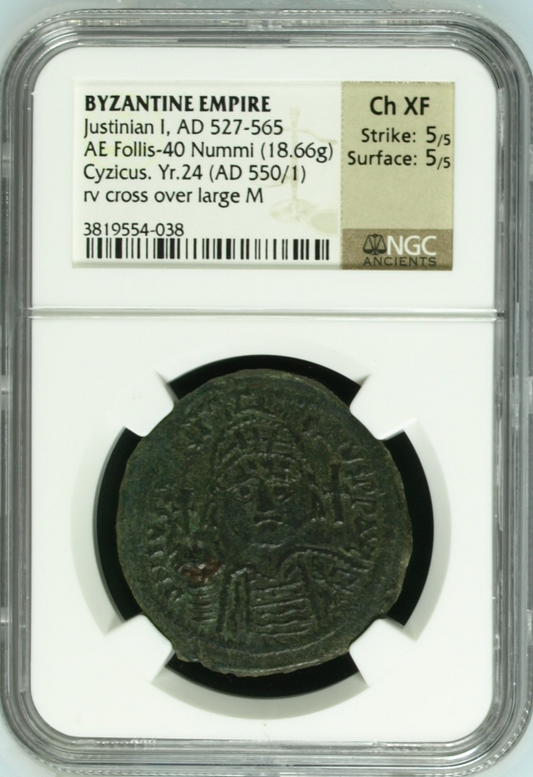 NGC Ch XF 5/5 5/5 古代ビザンツ帝国 ユスティニアヌス1世 フォリス銅貨（40ヌンミ） AD550/551年