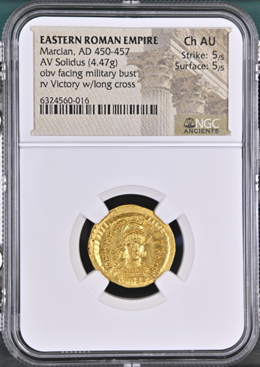 NGC Ch AU 5/5 5/5 東ローマ帝国 マルキアヌス ソリダス 金貨 450-457 AD