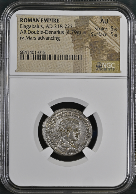 NGC AU 5/5 5/5 古代ローマ帝国 エラガバルス帝 ダブルデナリウス銀貨 218–222 AD