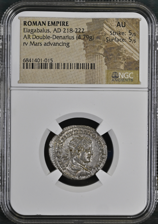NGC AU 5/5 5/5 古代ローマ帝国 エラガバルス帝 ダブルデナリウス銀貨 218–222 AD