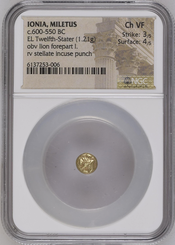 NGC Ch VF 3/5 4/5 古代ギリシャ イオニア ミレトス ヘミヘクテ金貨（1/12スターテル） c.600–550 BC