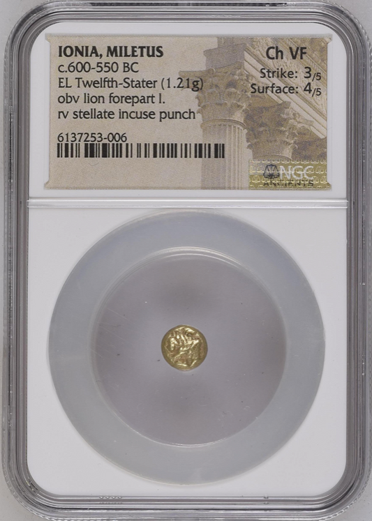 NGC Ch VF 3/5 4/5 古代ギリシャ イオニア ミレトス ヘミヘクテ金貨（1/12スターテル） c.600–550 BC
