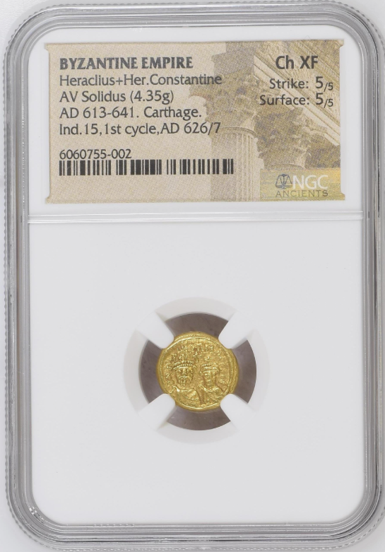 NGC Ch XF 5/5 5/5 東ローマ帝国（ビザンツ帝国）ヘラクレイオス & ヘラクレイオス・コンスタンティヌス ソリダス金貨 613–641 AD