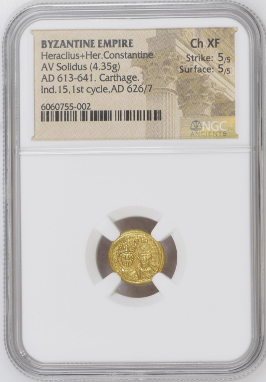 NGC Ch XF 5/5 5/5 東ローマ帝国（ビザンツ帝国）ヘラクレイオス & ヘラクレイオス・コンスタンティヌス ソリダス金貨 613–641 AD