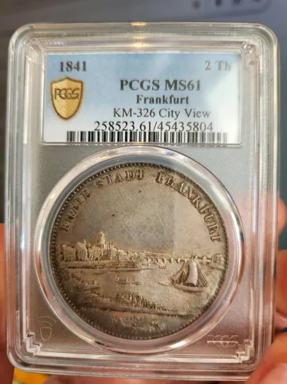PCGS鑑定 MS61 【都市景観】ドイツ フランクフルト 2ターラー銀貨 1841年 KM-326