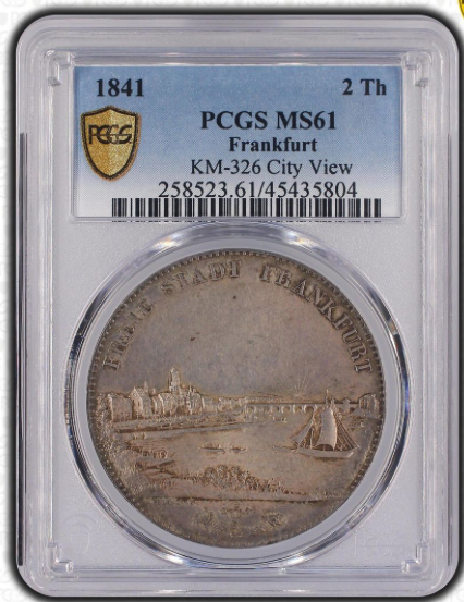 PCGS鑑定 MS61 【都市景観】ドイツ フランクフルト 2ターラー銀貨 1841年 KM-326